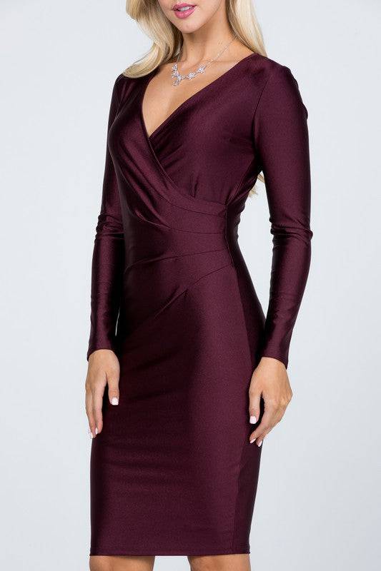 long sleeve shiny tricot overlap midi dress - Eye Candy Sensation