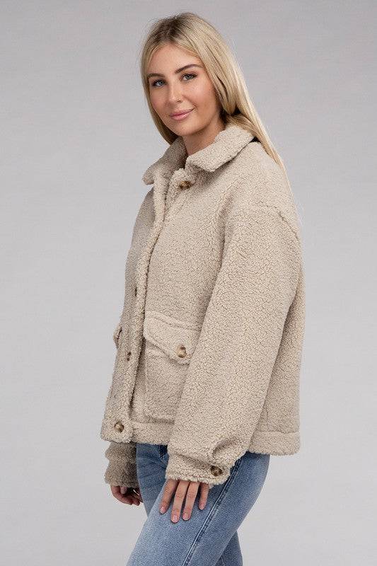 Cozy Sherpa Button-Front Jacket Ambiance Apparel