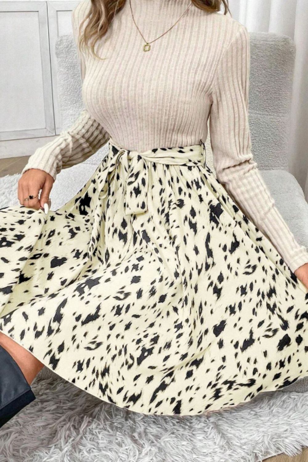 Printed Tie Waist Mock Neck Long Sleeve Dress Trendsi