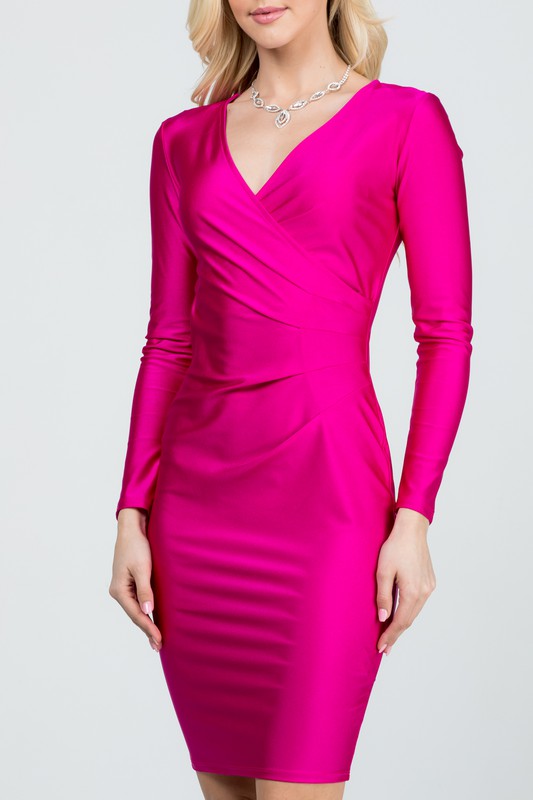 long sleeve shiny tricot overlap midi dress - Eye Candy Sensation