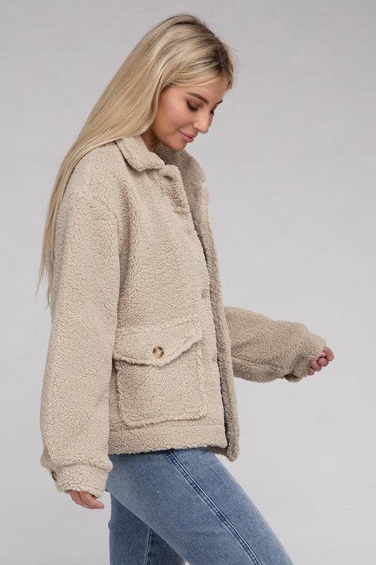 Cozy Sherpa Button-Front Jacket Ambiance Apparel