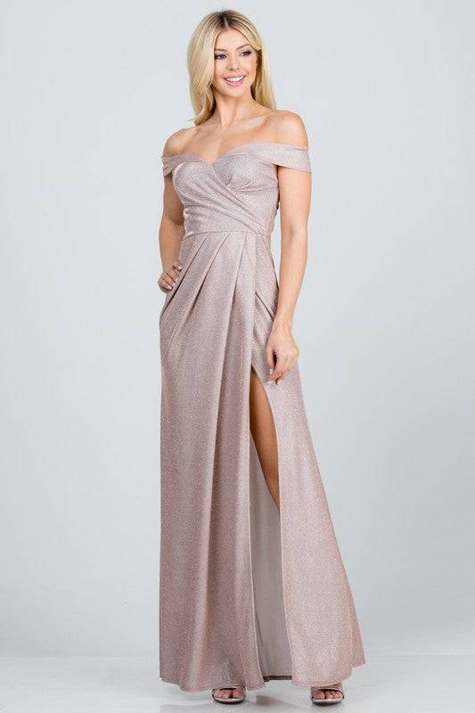 Off the shoulder glittery jacquard gathered gown - Eye Candy Sensation