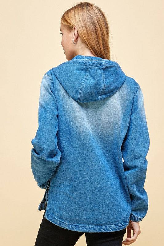 PLUS SIZE DENIM HOODIE HALF ZIPPER CLOSER Blue Age