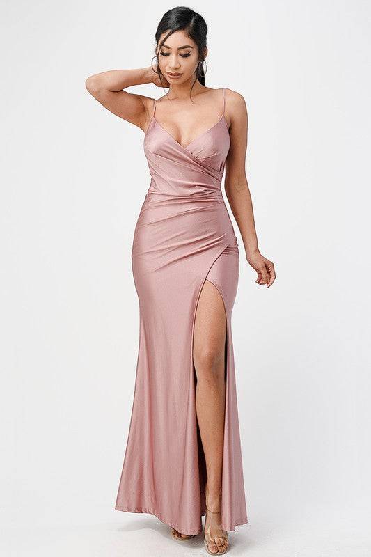 Tara side pleat overlap gown with side opening - Eye Candy Sensation