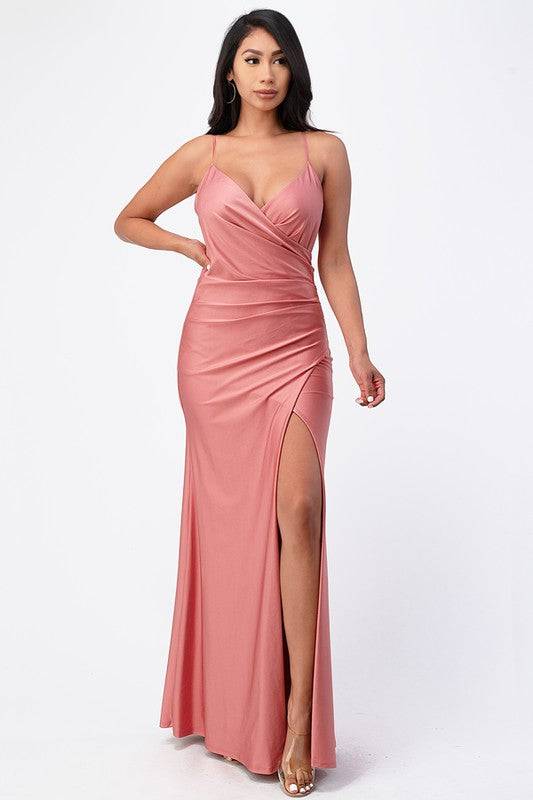 Tara side pleat overlap gown with side opening - Eye Candy Sensation