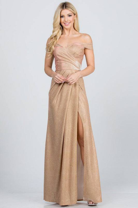 Off the shoulder glittery jacquard gathered gown - Eye Candy Sensation