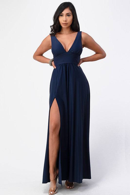 dull tricot deep V neck A line dress - Eye Candy Sensation
