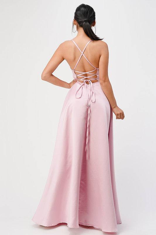 open side back spaghetti zig zag tie satin gown - Eye Candy Sensation