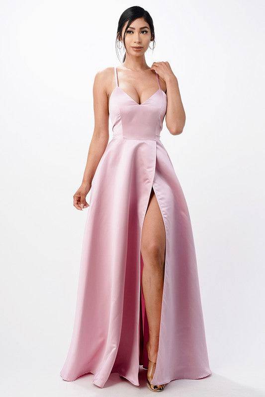 open side back spaghetti zig zag tie satin gown - Eye Candy Sensation