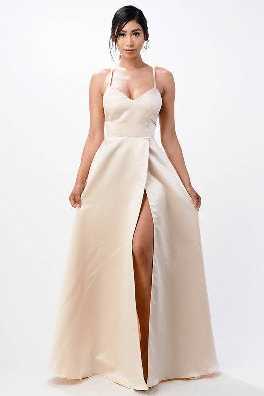 open side back spaghetti zig zag tie satin gown - Eye Candy Sensation