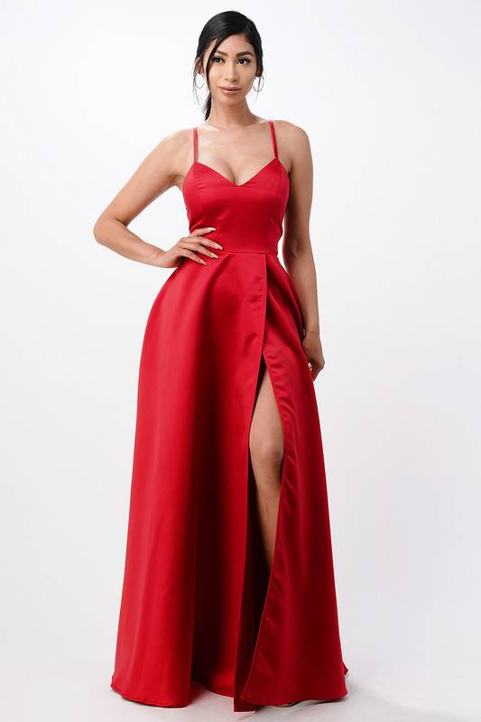 open side back spaghetti zig zag tie satin gown - Eye Candy Sensation
