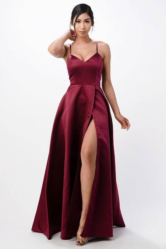 open side back spaghetti zig zag tie satin gown - Eye Candy Sensation