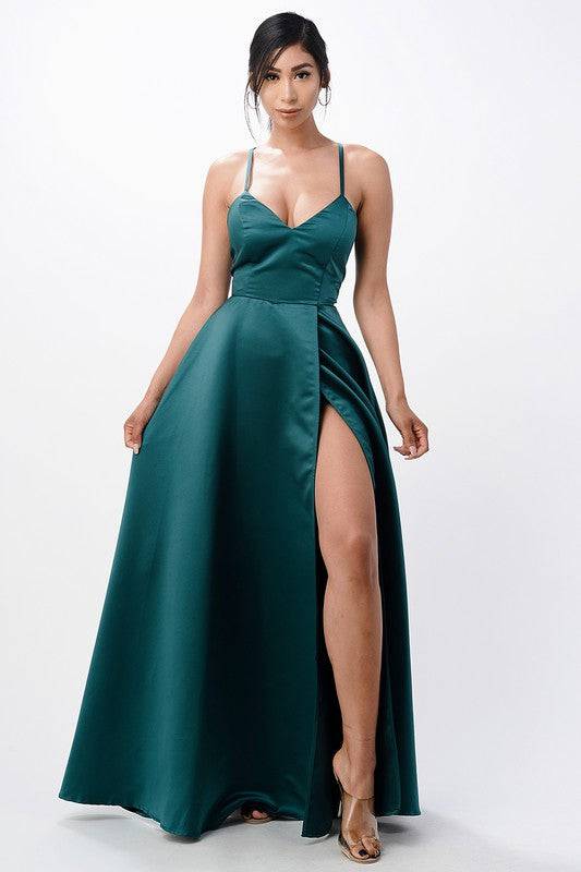 open side back spaghetti zig zag tie satin gown - Eye Candy Sensation