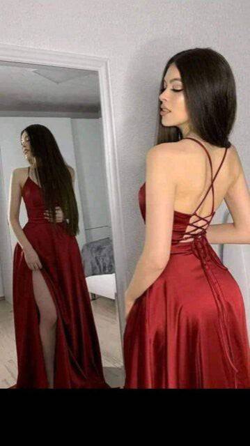 open side back spaghetti zig zag tie satin gown - Eye Candy Sensation