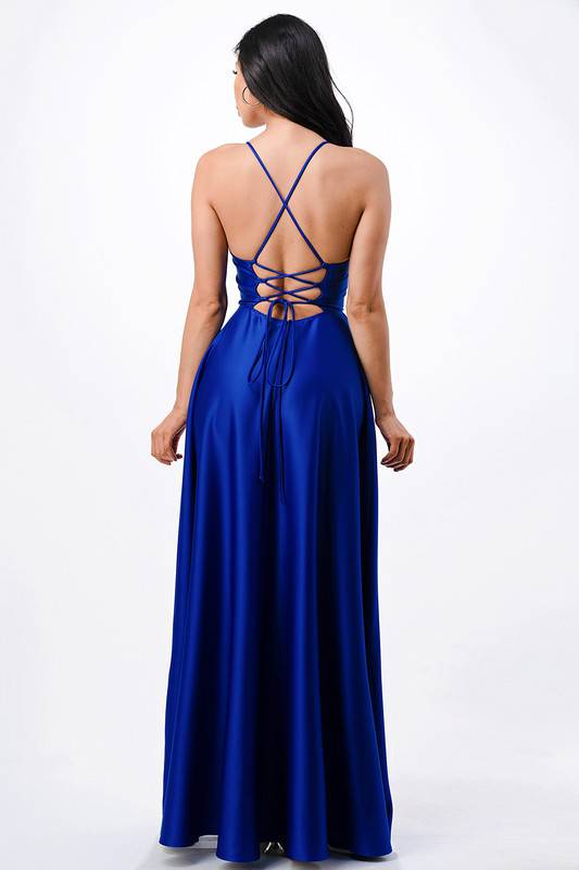 open side back spaghetti zig zag tie satin gown - Eye Candy Sensation