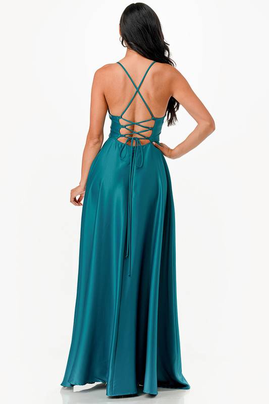 open side back spaghetti zig zag tie satin gown - Eye Candy Sensation