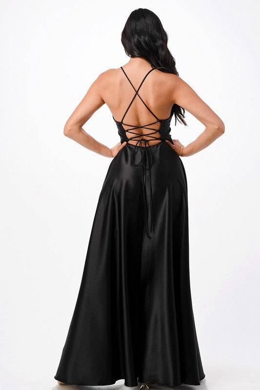 open side back spaghetti zig zag tie satin gown - Eye Candy Sensation