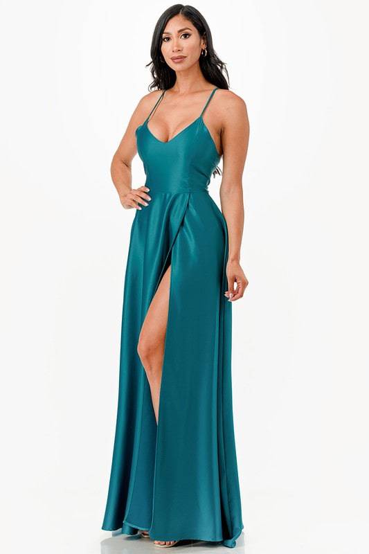 open side back spaghetti zig zag tie satin gown - Eye Candy Sensation