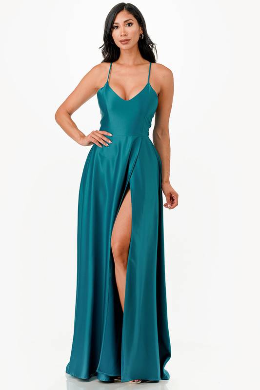 open side back spaghetti zig zag tie satin gown - Eye Candy Sensation