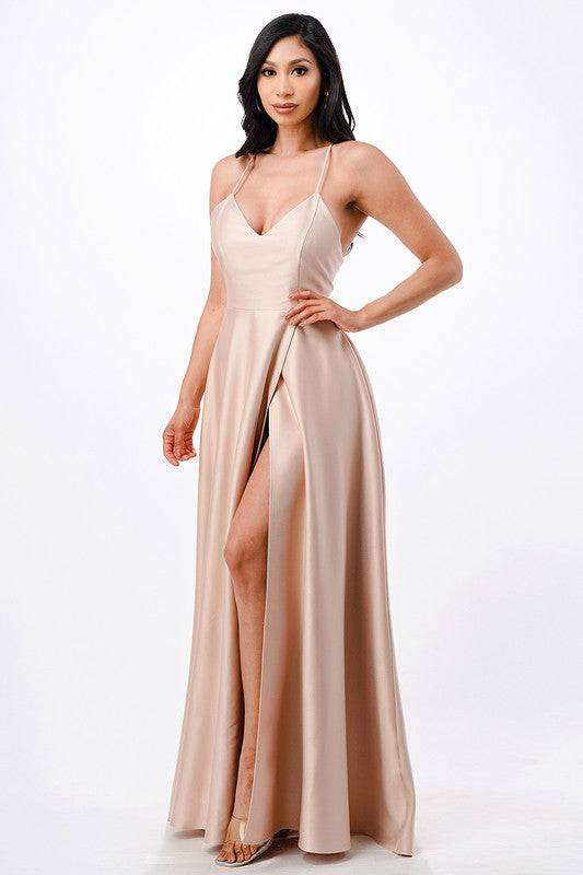 open side back spaghetti zig zag tie satin gown - Eye Candy Sensation