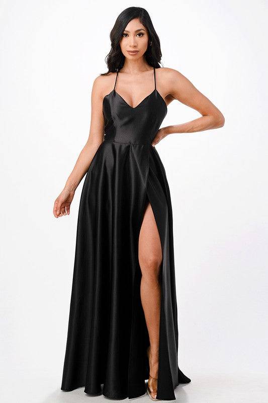 open side back spaghetti zig zag tie satin gown - Eye Candy Sensation