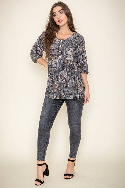 Button Accent Paisley Top EG fashion