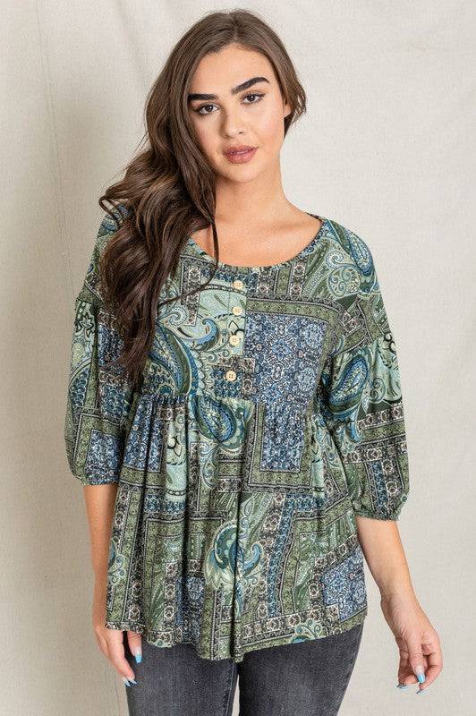 Button Accent Paisley Top EG fashion
