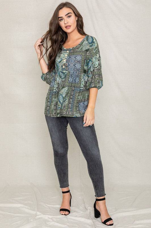 Button Accent Paisley Top EG fashion