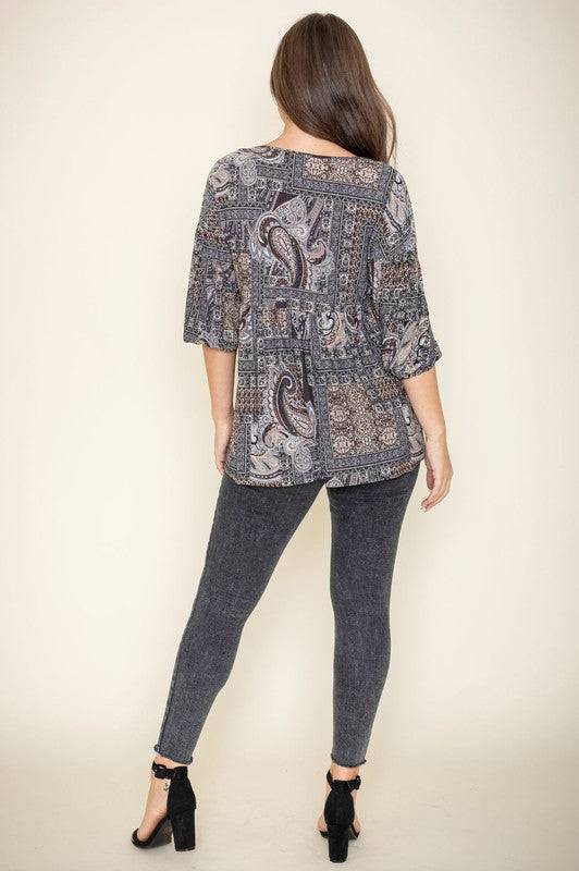 Button Accent Paisley Top EG fashion