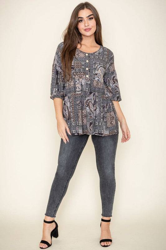 Button Accent Paisley Top EG fashion