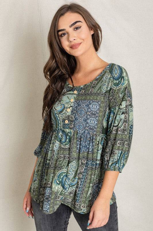Button Accent Paisley Top EG fashion