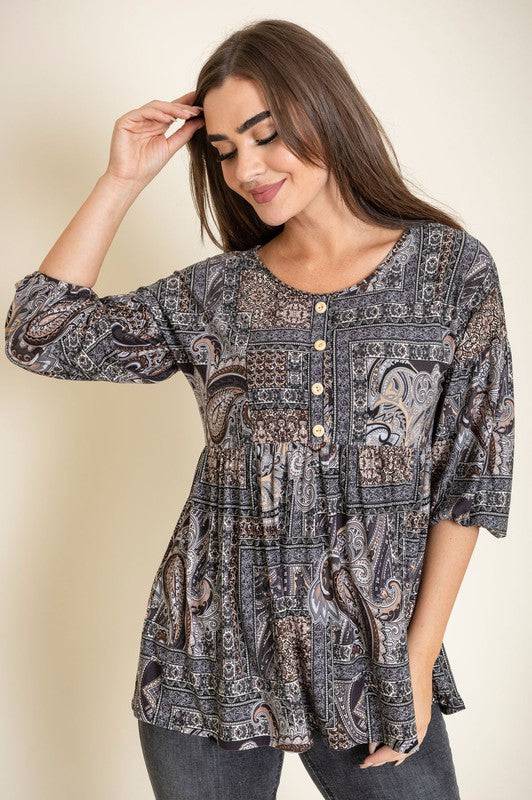 Button Accent Paisley Top EG fashion