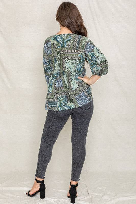 Button Accent Paisley Top EG fashion