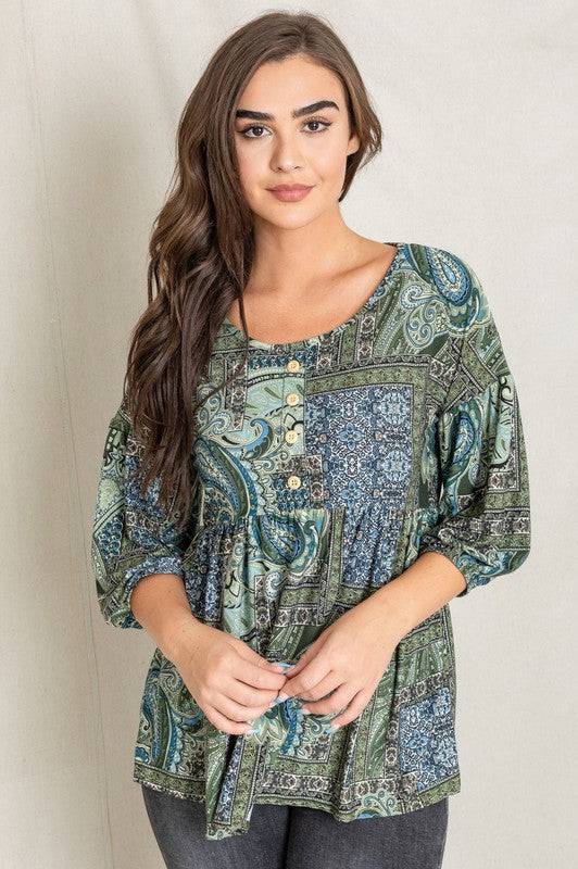 Button Accent Paisley Top EG fashion