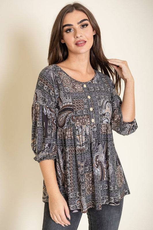 Button Accent Paisley Top EG fashion