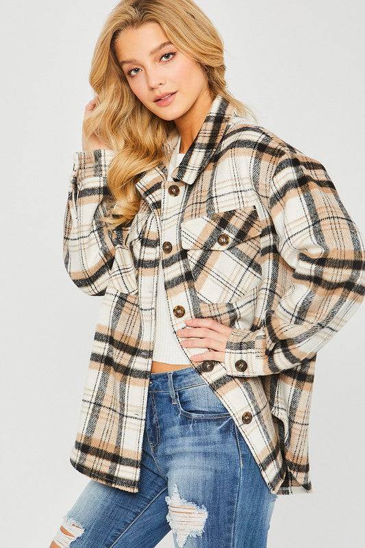 Plaid Bust Pocket Shacket Love Tree