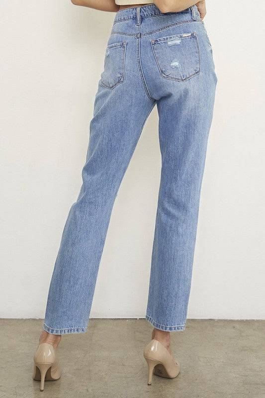 HIGH RISE DISTRESSED GIRLFRIEND JEANS - Eye Candy Sensation