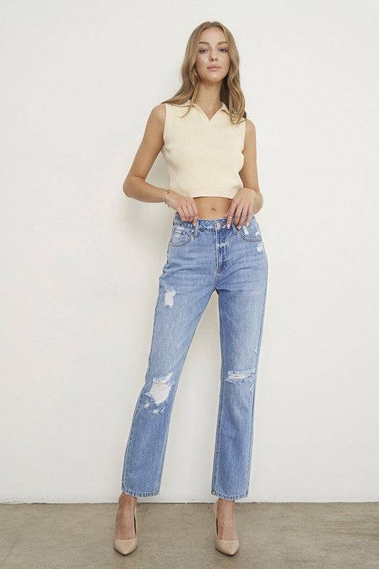 HIGH RISE DISTRESSED GIRLFRIEND JEANS - Eye Candy Sensation