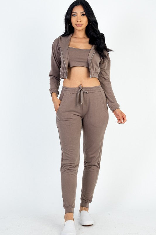 Cropped Cami with Zip-up Jacket and Joggers Set Capella