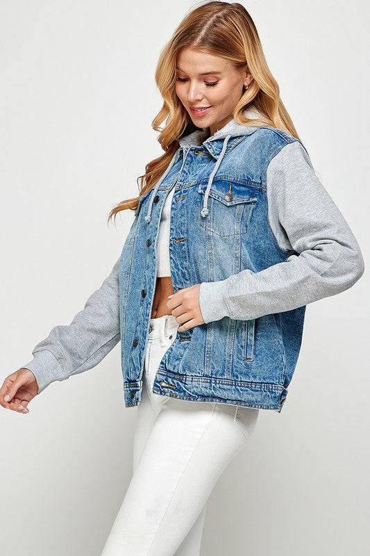 Women's Denim  Jacket with Fleece Hoodies Blue Age