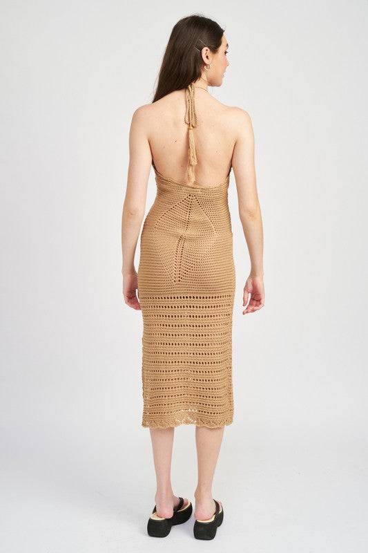 CROCHET HALTER MIDI DRESS WITH SLIT - Eye Candy Sensation