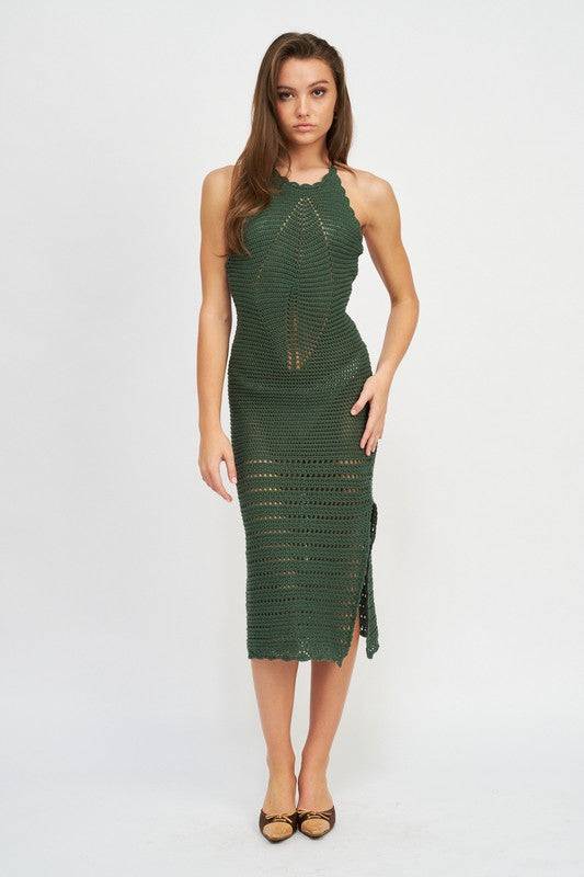 CROCHET HALTER MIDI DRESS WITH SLIT - Eye Candy Sensation