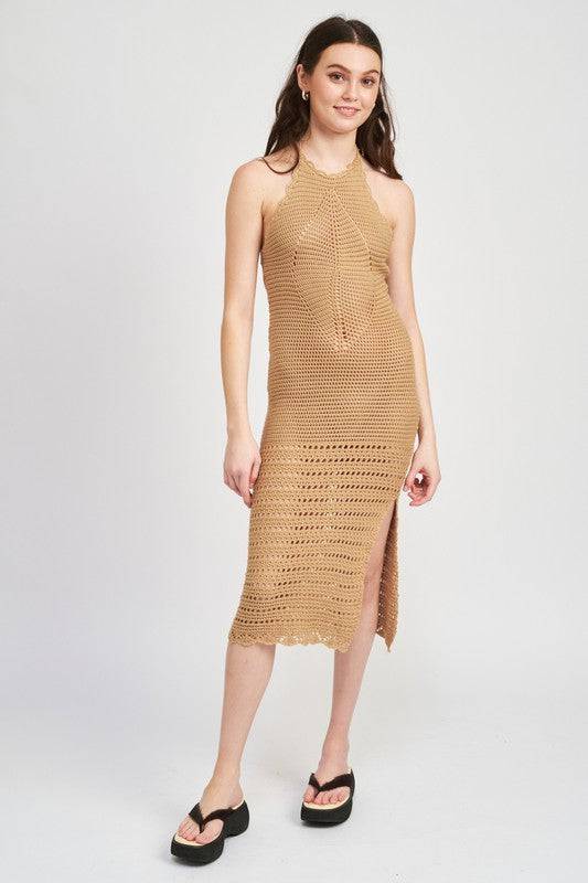 CROCHET HALTER MIDI DRESS WITH SLIT - Eye Candy Sensation