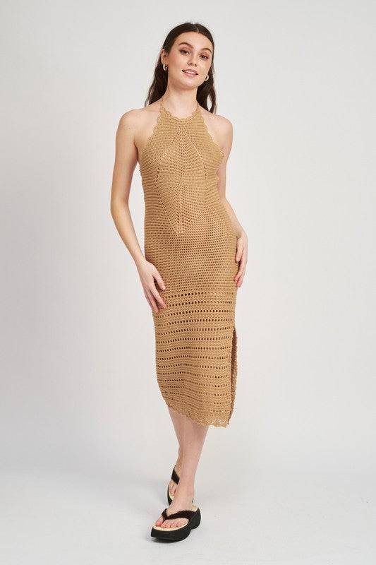 CROCHET HALTER MIDI DRESS WITH SLIT - Eye Candy Sensation