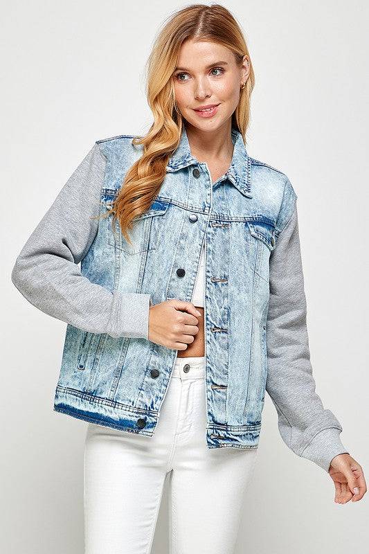Women's Denim  Jacket with Fleece Hoodies Blue Age