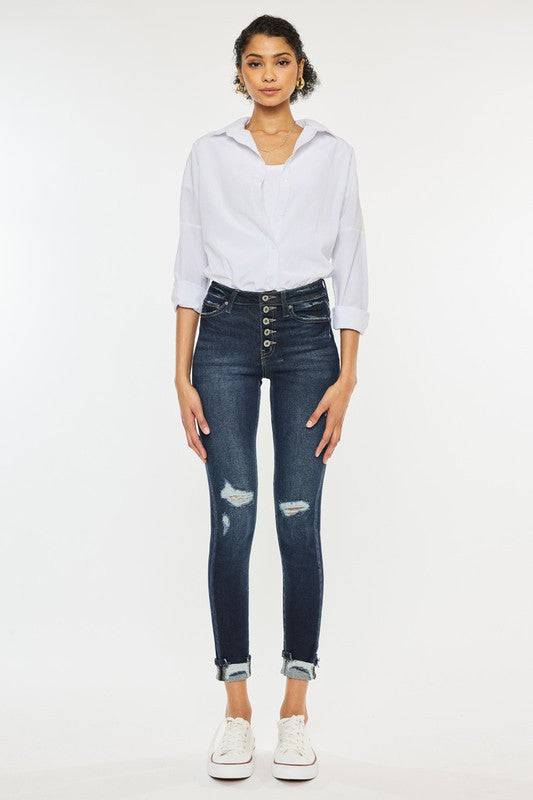 High Rise Button Down Cuffed Ankle Skinny Jeans Kan Can USA