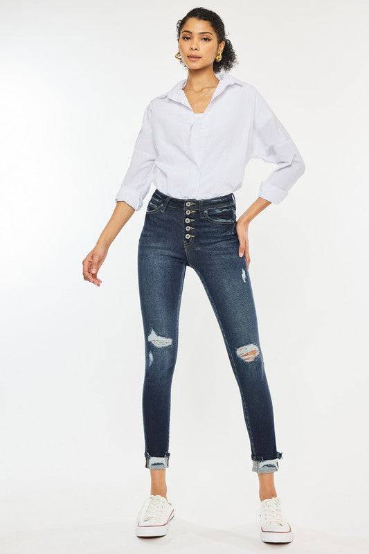 High Rise Button Down Cuffed Ankle Skinny Jeans Kan Can USA
