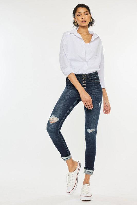 High Rise Button Down Cuffed Ankle Skinny Jeans Kan Can USA