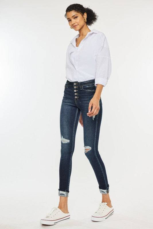 High Rise Button Down Cuffed Ankle Skinny Jeans Kan Can USA