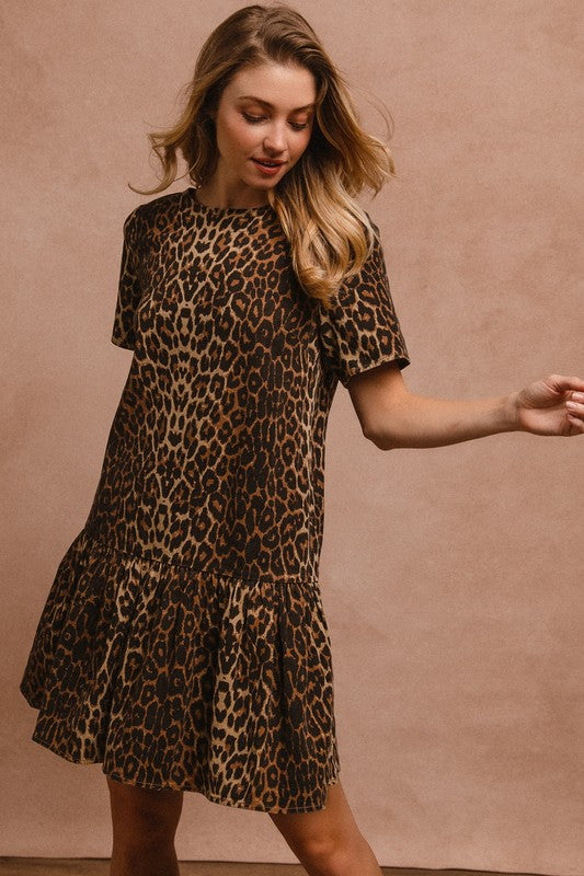 BiBi Tie Back Leopard Round Neck Short Sleeve Dress - Eye Candy Sensation Apparel & Accessories